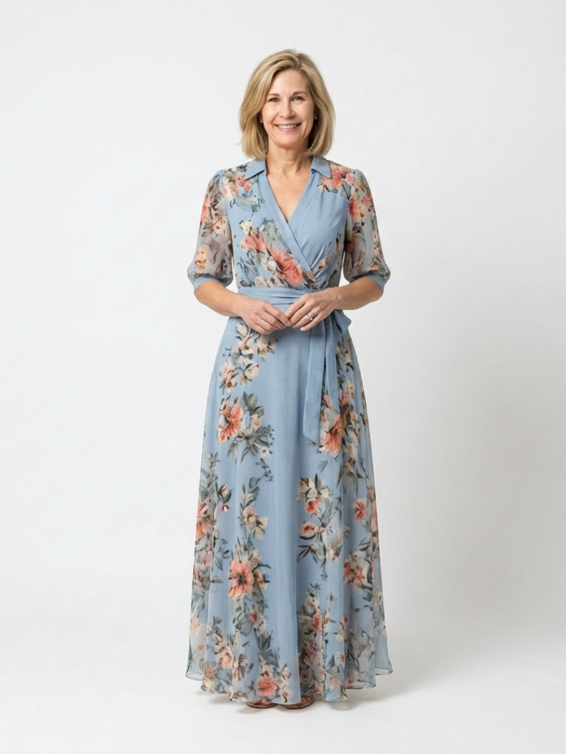 Women's blue floral wrap maxi dress with V-neckline and 3/4 sleeves
