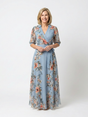 Women's blue floral wrap maxi dress with V-neckline and 3/4 sleeves