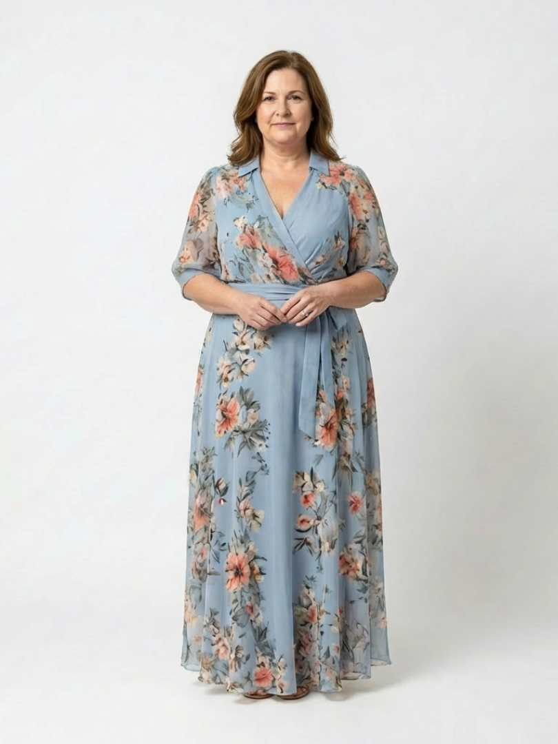 Women's blue floral wrap maxi dress with V-neckline and 3/4 sleeves