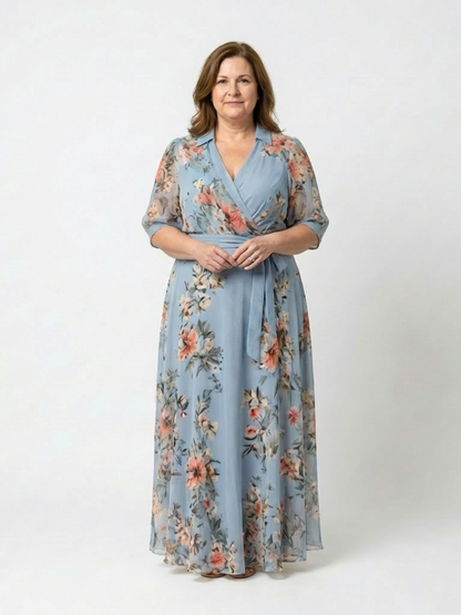Women's blue floral wrap maxi dress with V-neckline and 3/4 sleeves