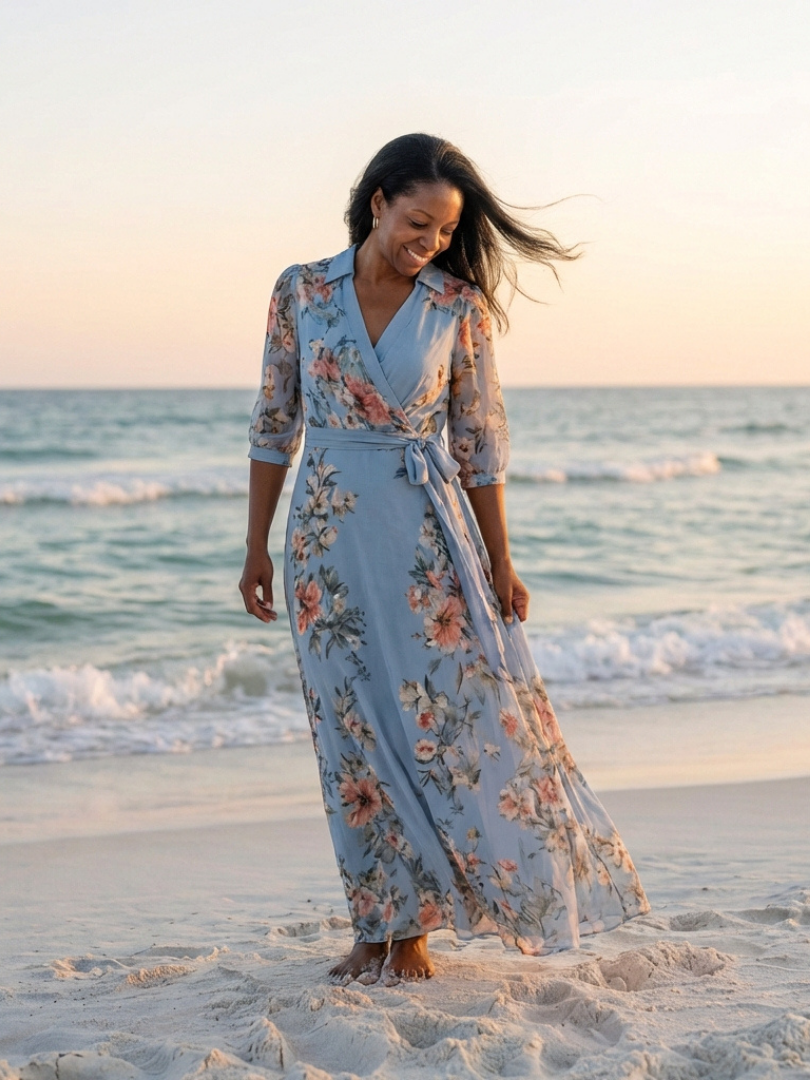 Women's blue floral wrap maxi dress with V-neckline and 3/4 sleeves