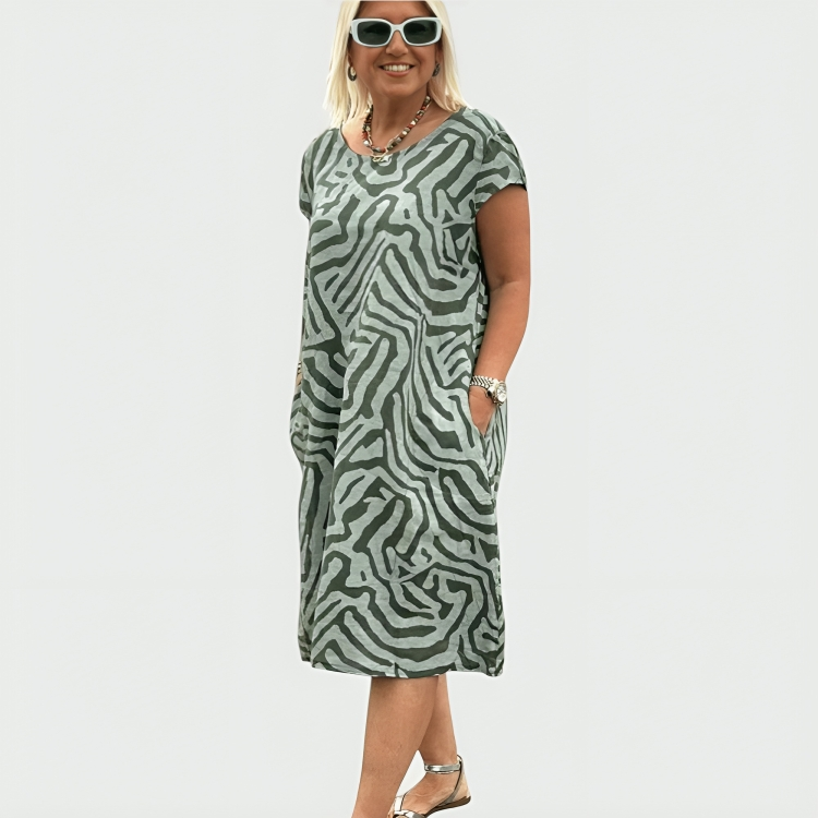 Women's abstract print midi dress with short sleeves and side pockets