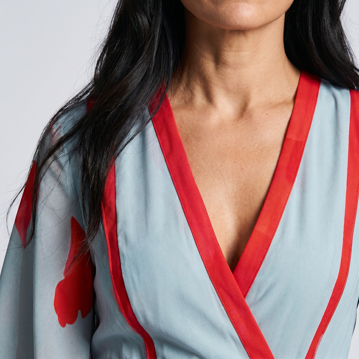Women's blue and red floral wrap maxi dress with V-neckline and three-quarter sleeves