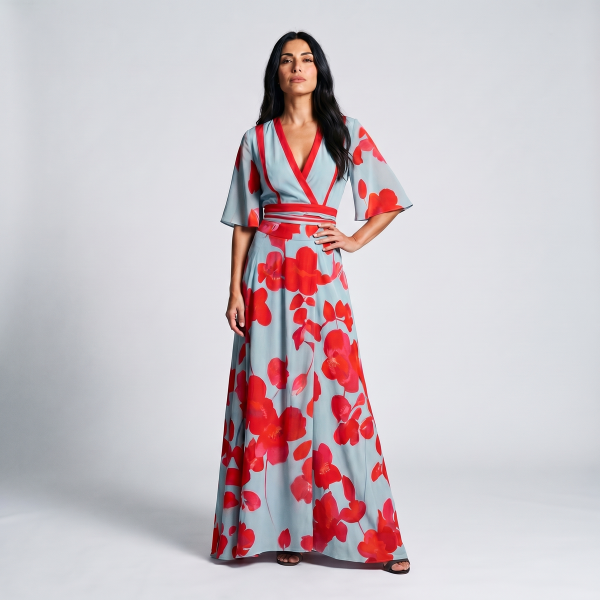 Women's blue and red floral wrap maxi dress with V-neckline and three-quarter sleeves