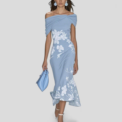 Women's floral off-shoulder midi dress with draped sleeves and asymmetric hem