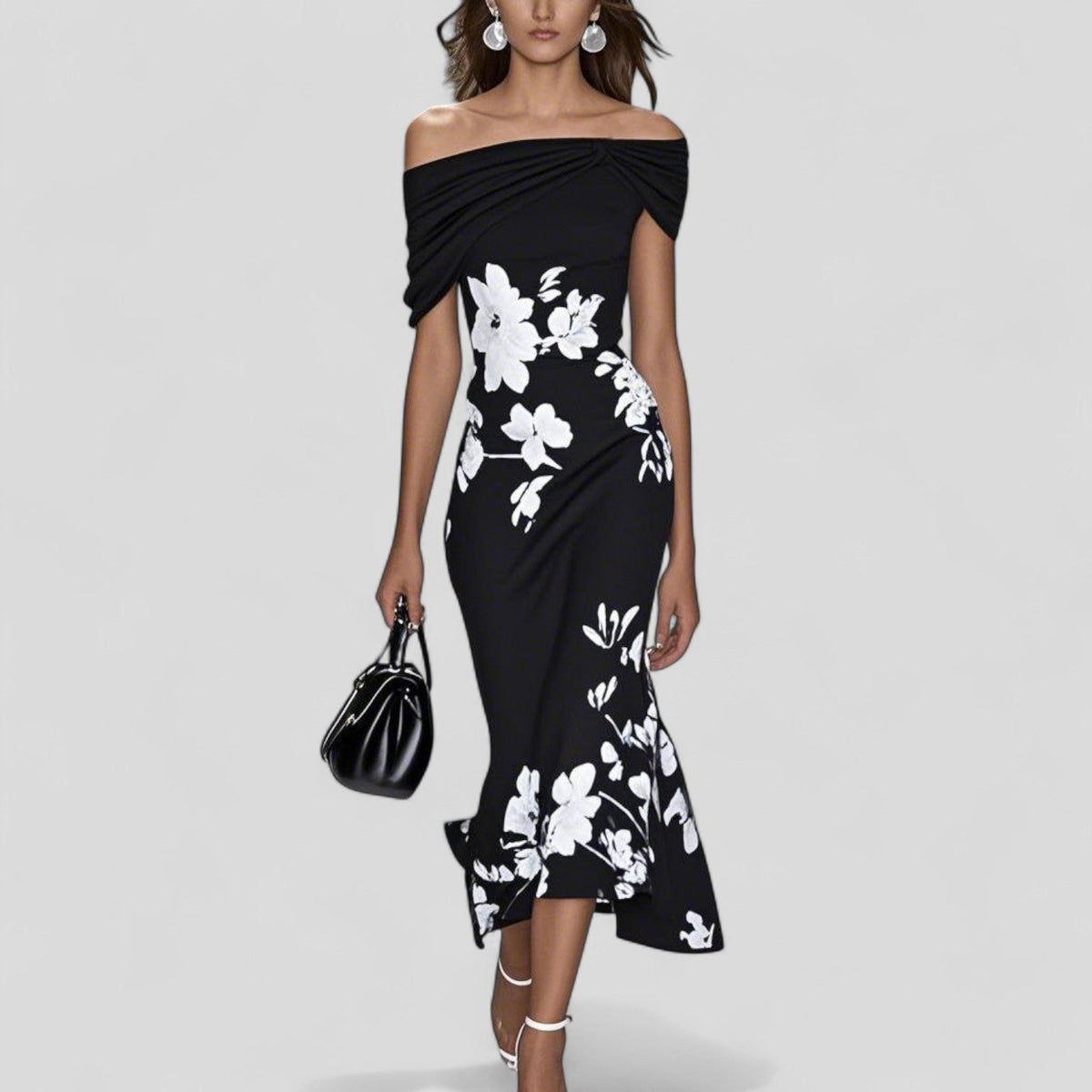 Women's floral off-shoulder midi dress with draped sleeves and asymmetric hem
