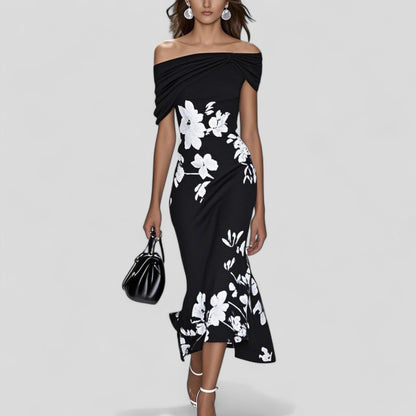 Women's floral off-shoulder midi dress with draped sleeves and asymmetric hem