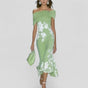 Women's floral off-shoulder midi dress with draped sleeves and asymmetric hem