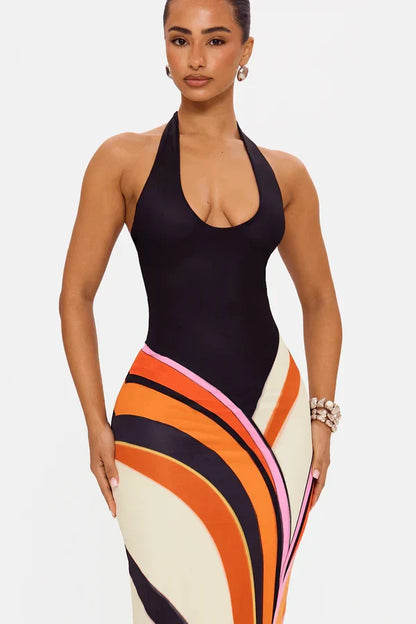 Women's sleeveless halter maxi dress with black bodice and curved multicoloured abstract skirt