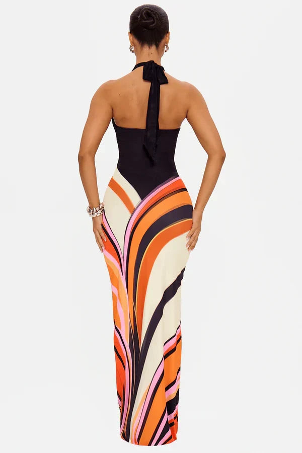 Women's sleeveless halter maxi dress with black bodice and curved multicoloured abstract skirt