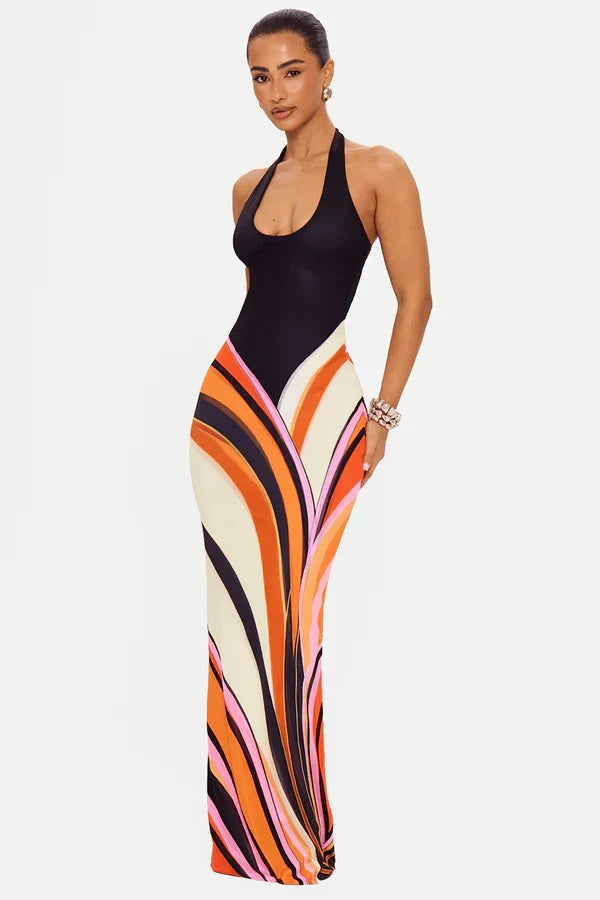 Women's sleeveless halter maxi dress with black bodice and curved multicoloured abstract skirt