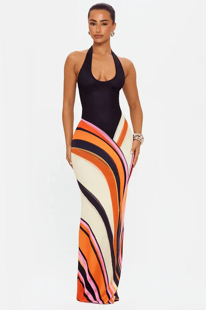 Women's sleeveless halter maxi dress with black bodice and curved multicoloured abstract skirt