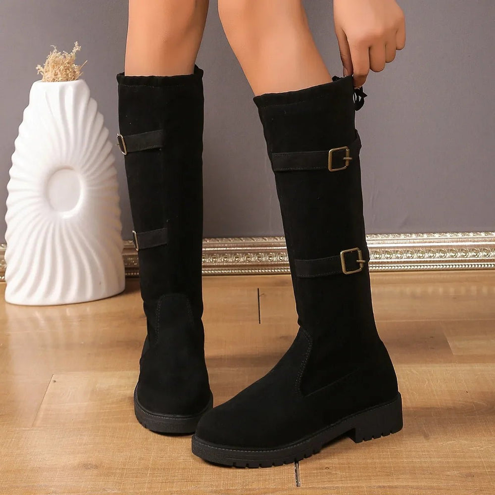 Women's Comfort Buckle-Strap Block-Heel Knee-High Boots — Winter in Black