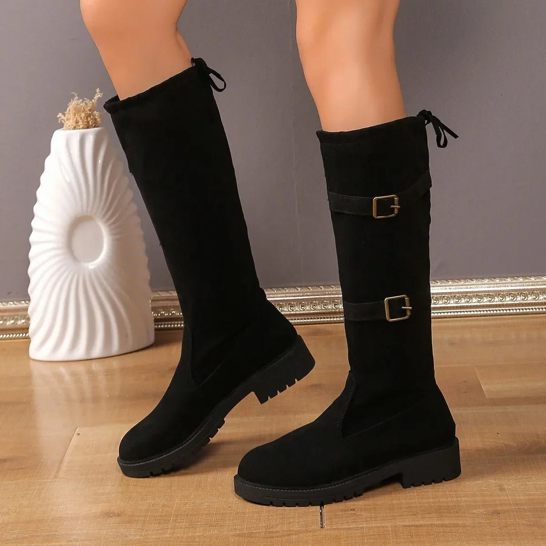 Women's Comfort Buckle-Strap Block-Heel Knee-High Boots — Winter in Black