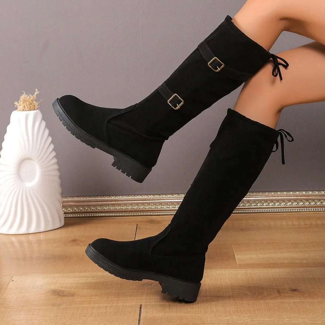 Women's Comfort Buckle-Strap Block-Heel Knee-High Boots — Winter in Black