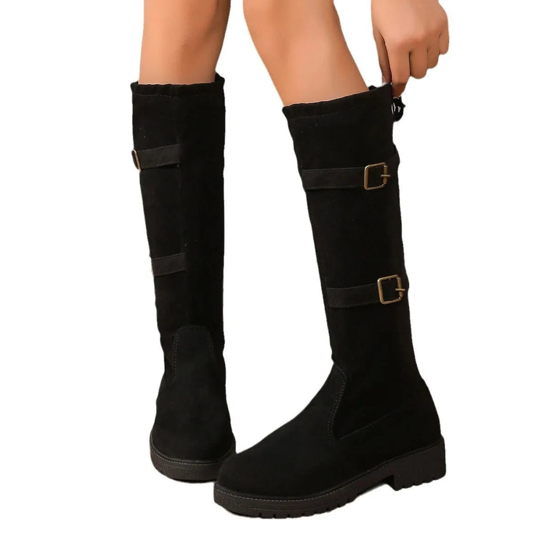 Women's Comfort Buckle-Strap Block-Heel Knee-High Boots — Winter in Black