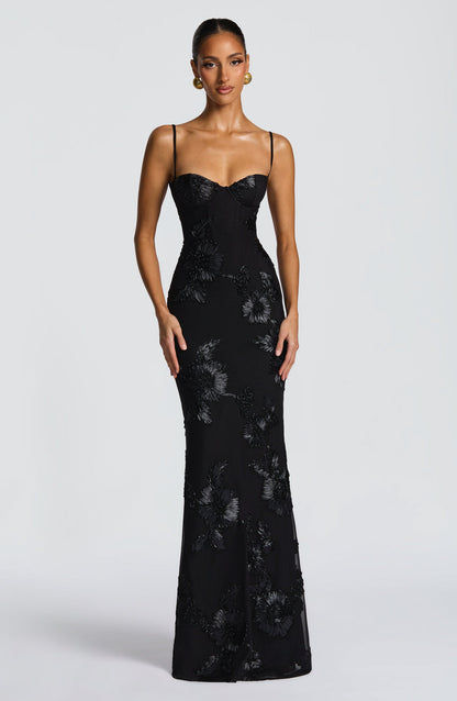 Women's floral corset maxi dress with sweetheart neckline and spaghetti straps
