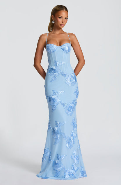 Women's floral corset maxi dress with sweetheart neckline and spaghetti straps