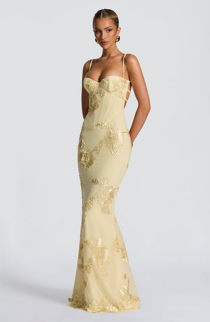 Women's floral corset maxi dress with sweetheart neckline and spaghetti straps