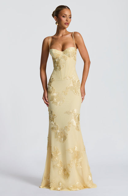 Women's floral corset maxi dress with sweetheart neckline and spaghetti straps