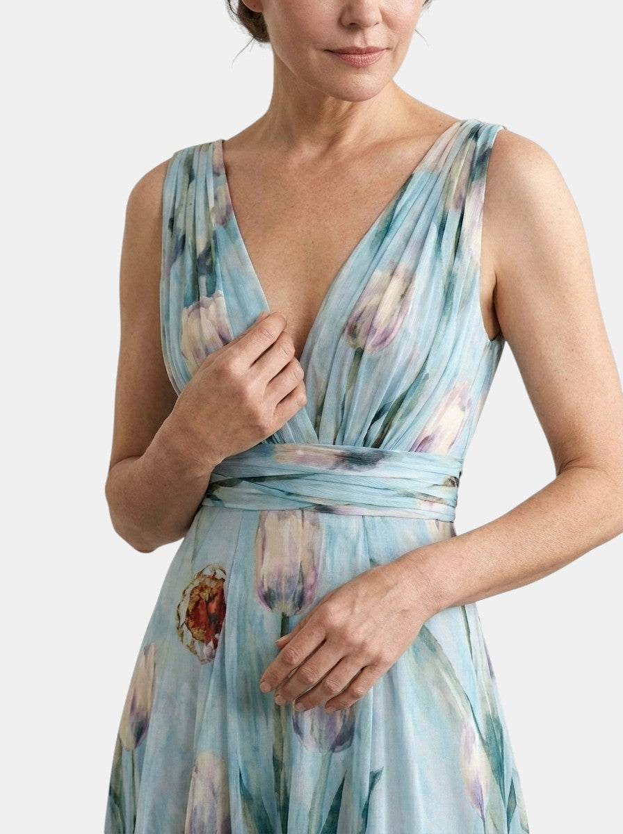Women's sleeveless floral wrap maxi dress with V-neck and flowing skirt