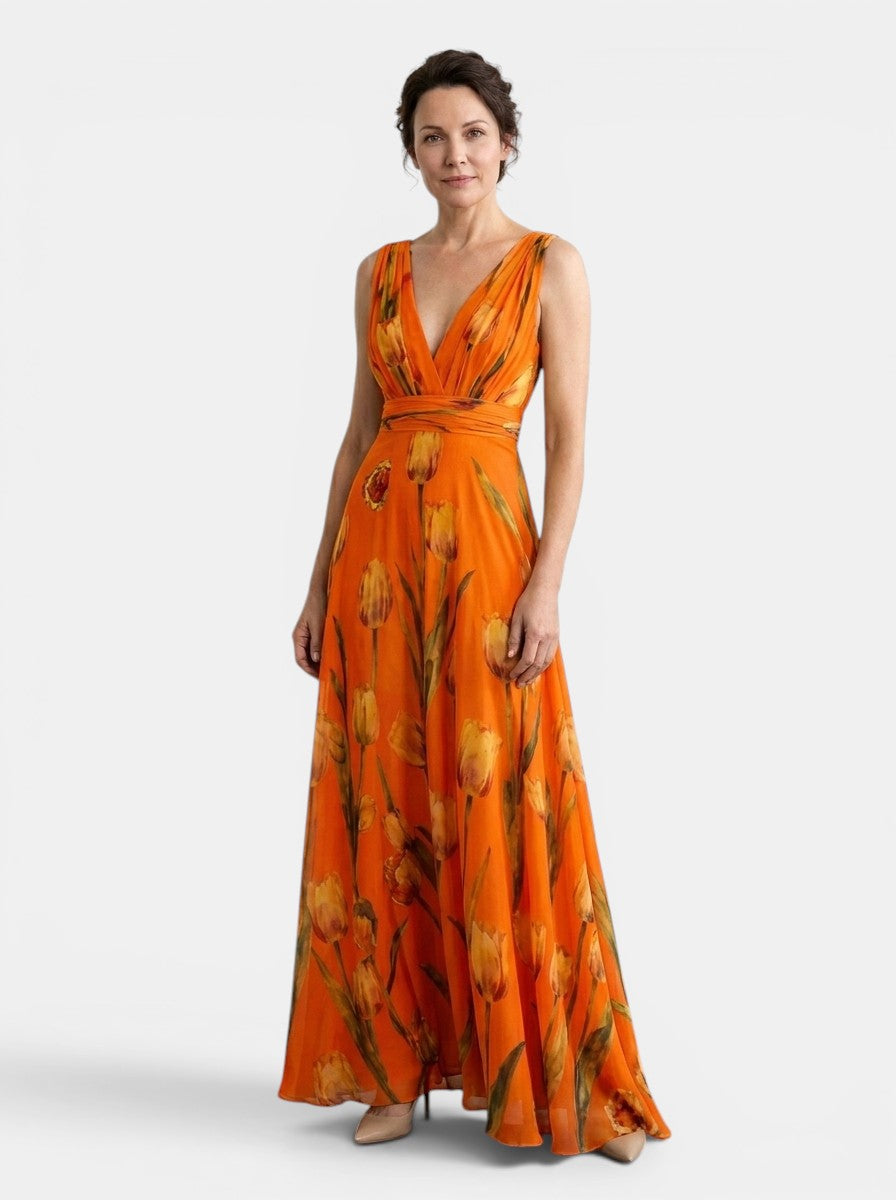 Women's sleeveless floral wrap maxi dress with V-neck and flowing skirt