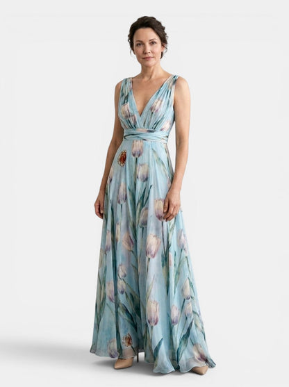 Women's sleeveless floral wrap maxi dress with V-neck and flowing skirt