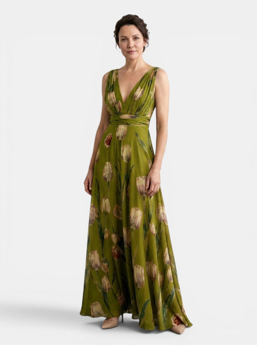 Women's sleeveless floral wrap maxi dress with V-neck and flowing skirt