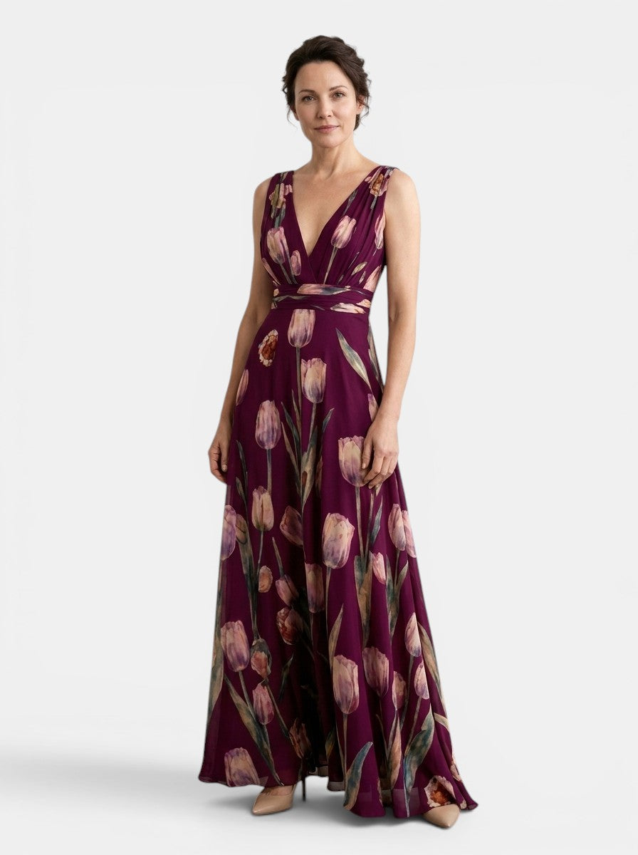 Women's sleeveless floral wrap maxi dress with V-neck and flowing skirt