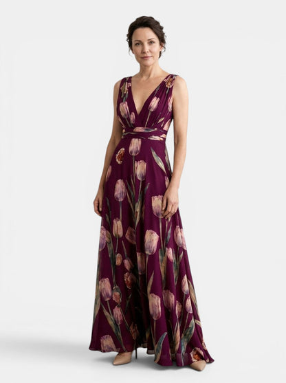 Women's sleeveless floral wrap maxi dress with V-neck and flowing skirt