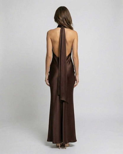 Women's brown halter maxi dress with open back and long draped tie