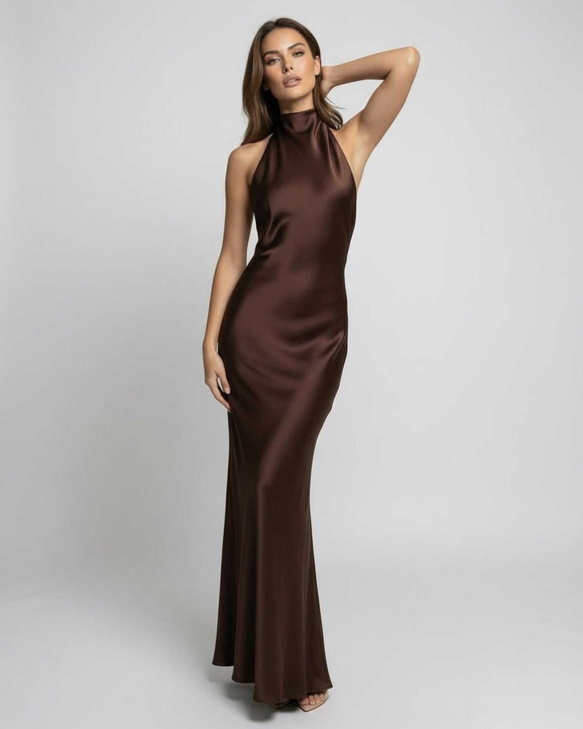 Women's brown halter maxi dress with open back and long draped tie