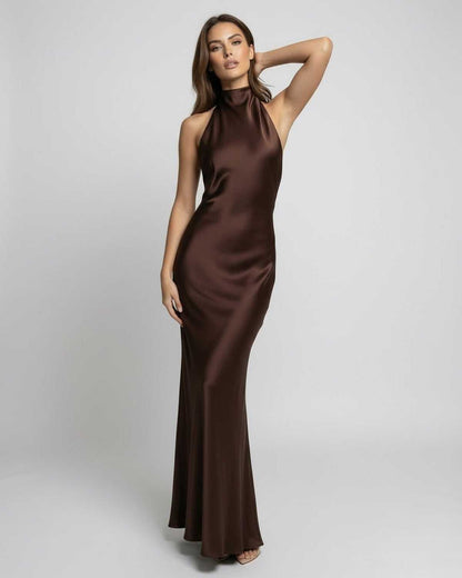 Women's brown halter maxi dress with open back and long draped tie