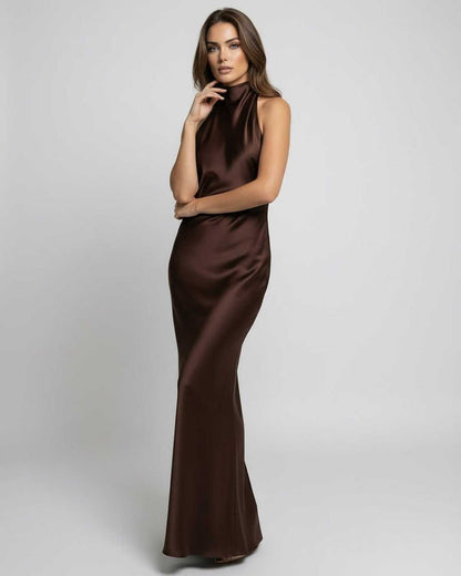 Women's brown halter maxi dress with open back and long draped tie