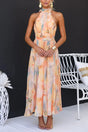Women's multicolour abstract halter midi dress with open back and flowing skirt