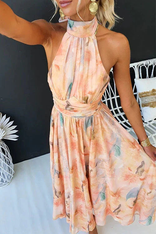 Women's multicolour abstract halter midi dress with open back and flowing skirt