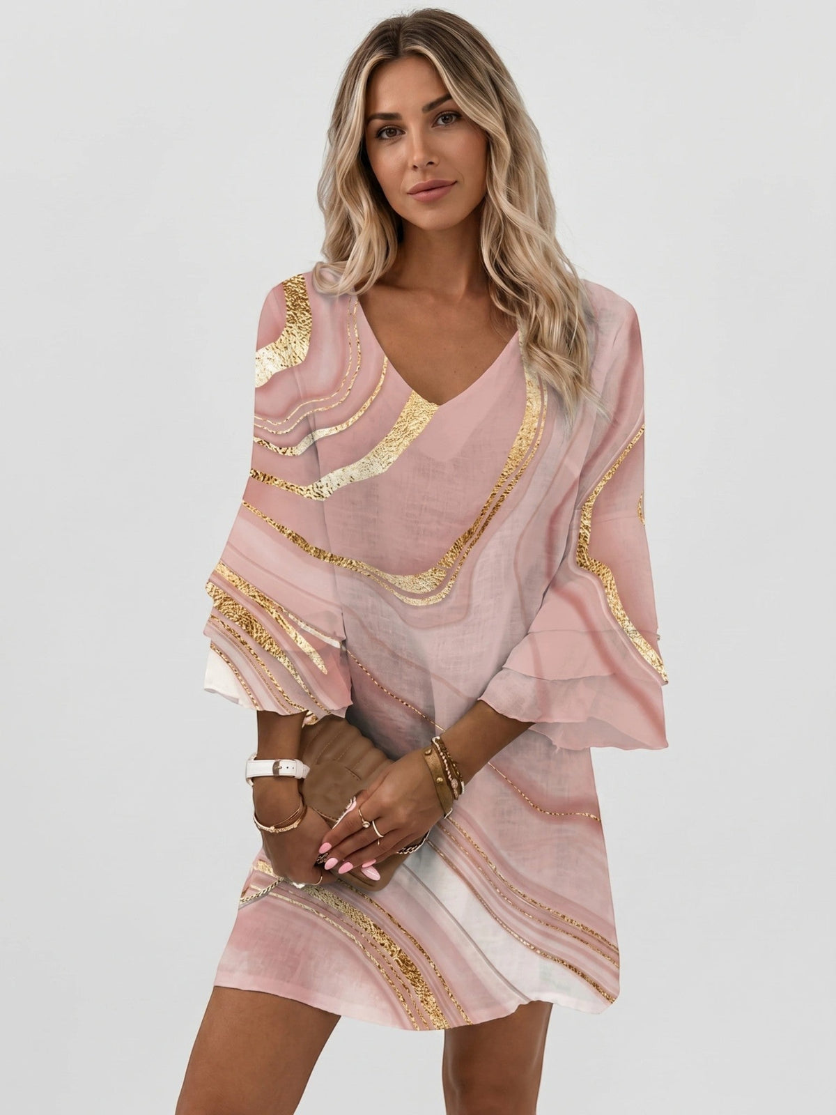 Women's abstract marble print mini dress with V-neck and flared three-quarter sleeves