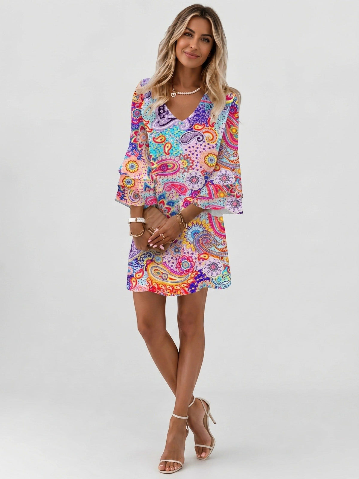 Women's abstract marble print mini dress with V-neck and flared three-quarter sleeves