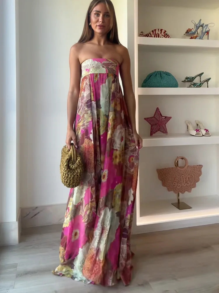 Women's strapless multicoloured floral maxi dress with flowing floor-length skirt