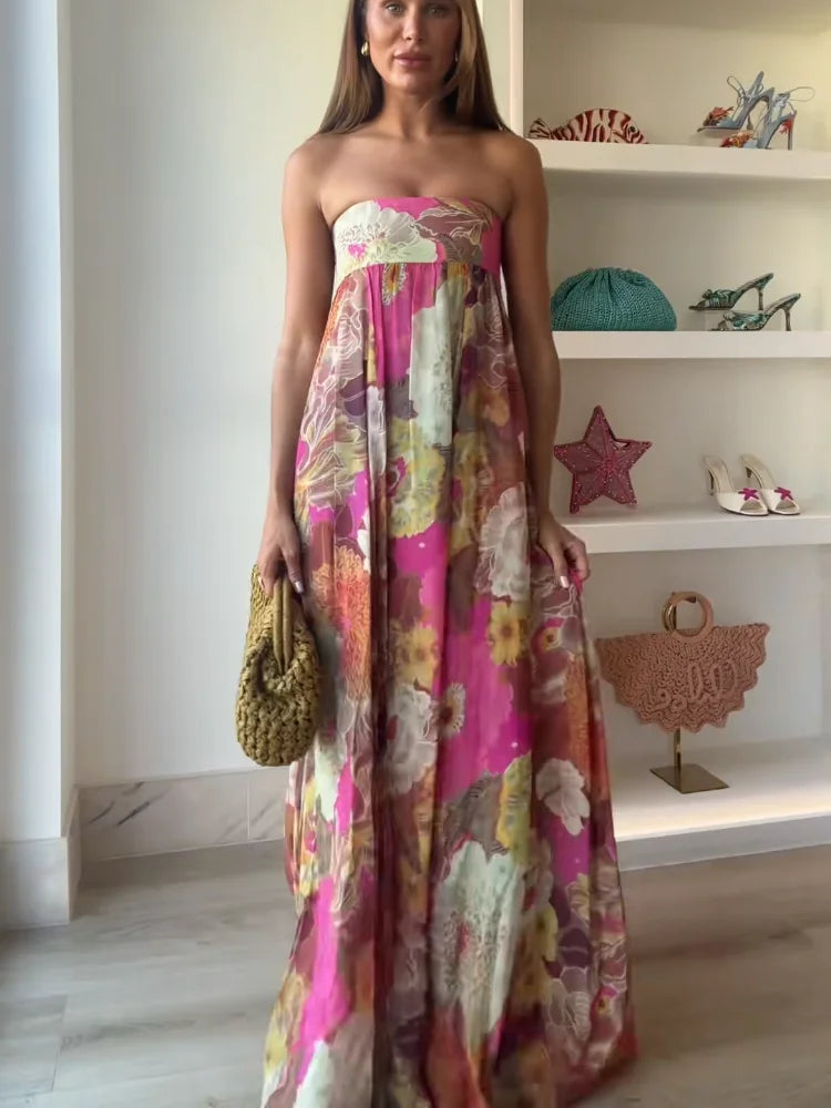 Women's strapless multicoloured floral maxi dress with flowing floor-length skirt