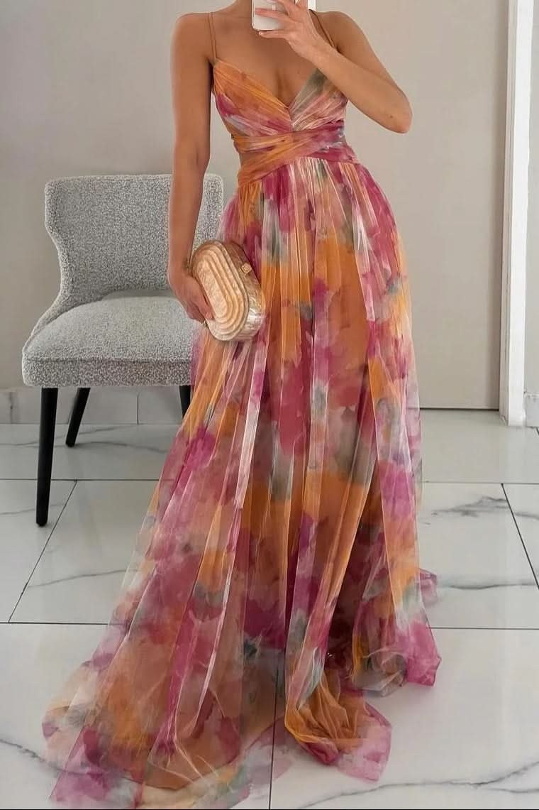 Women's multicoloured floral V-neck maxi dress with spaghetti straps and wrap waist