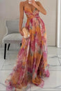 Women's multicoloured floral V-neck maxi dress with spaghetti straps and wrap waist