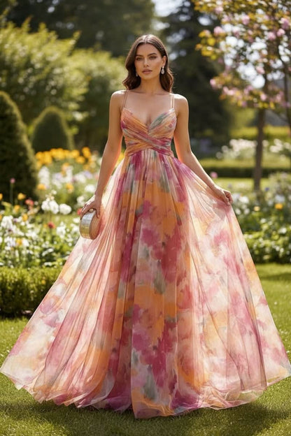 Women's multicoloured floral V-neck maxi dress with spaghetti straps and wrap waist