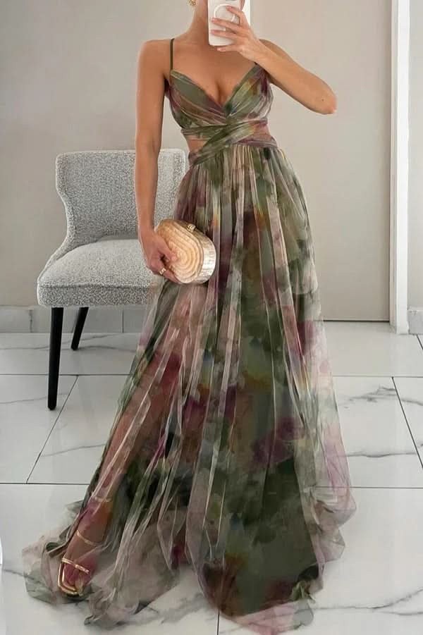 Women's multicoloured floral V-neck maxi dress with spaghetti straps and wrap waist