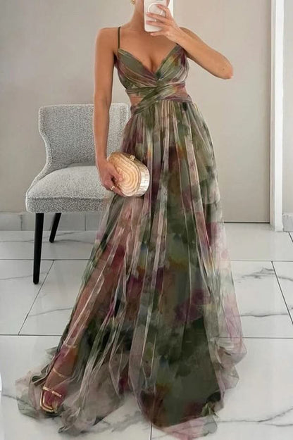 Women's multicoloured floral V-neck maxi dress with spaghetti straps and wrap waist