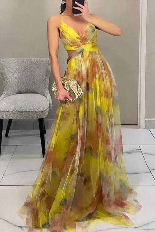 Women's multicoloured floral V-neck maxi dress with spaghetti straps and wrap waist