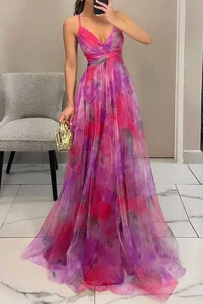 Women's multicoloured floral V-neck maxi dress with spaghetti straps and wrap waist