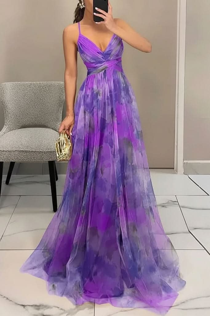 Women's multicoloured floral V-neck maxi dress with spaghetti straps and wrap waist