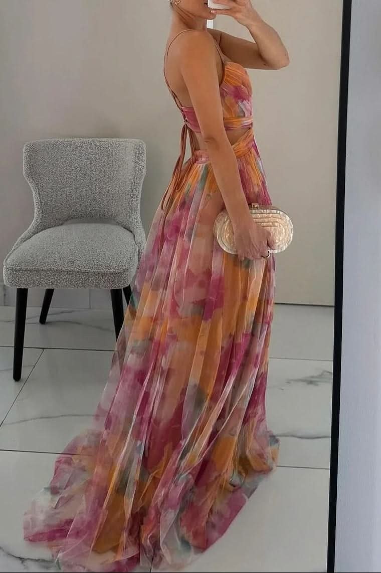 Women's multicoloured floral V-neck maxi dress with spaghetti straps and wrap waist
