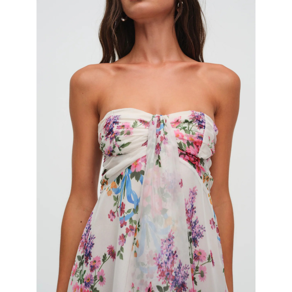 Women's floral strapless mini dress with ruched bodice and ruffled hem